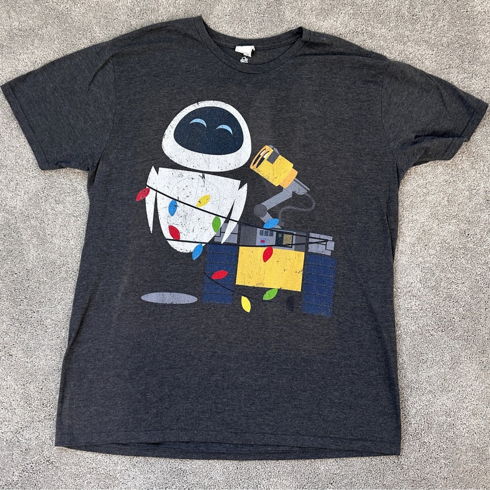 Disney Pixar WALL-E EVE Christmas Lights Holiday Tee Heather Gray XL Official